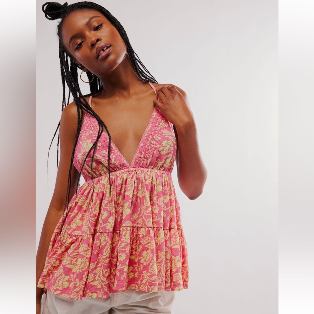 Free People Pink and Yellow Floral Tank Top
